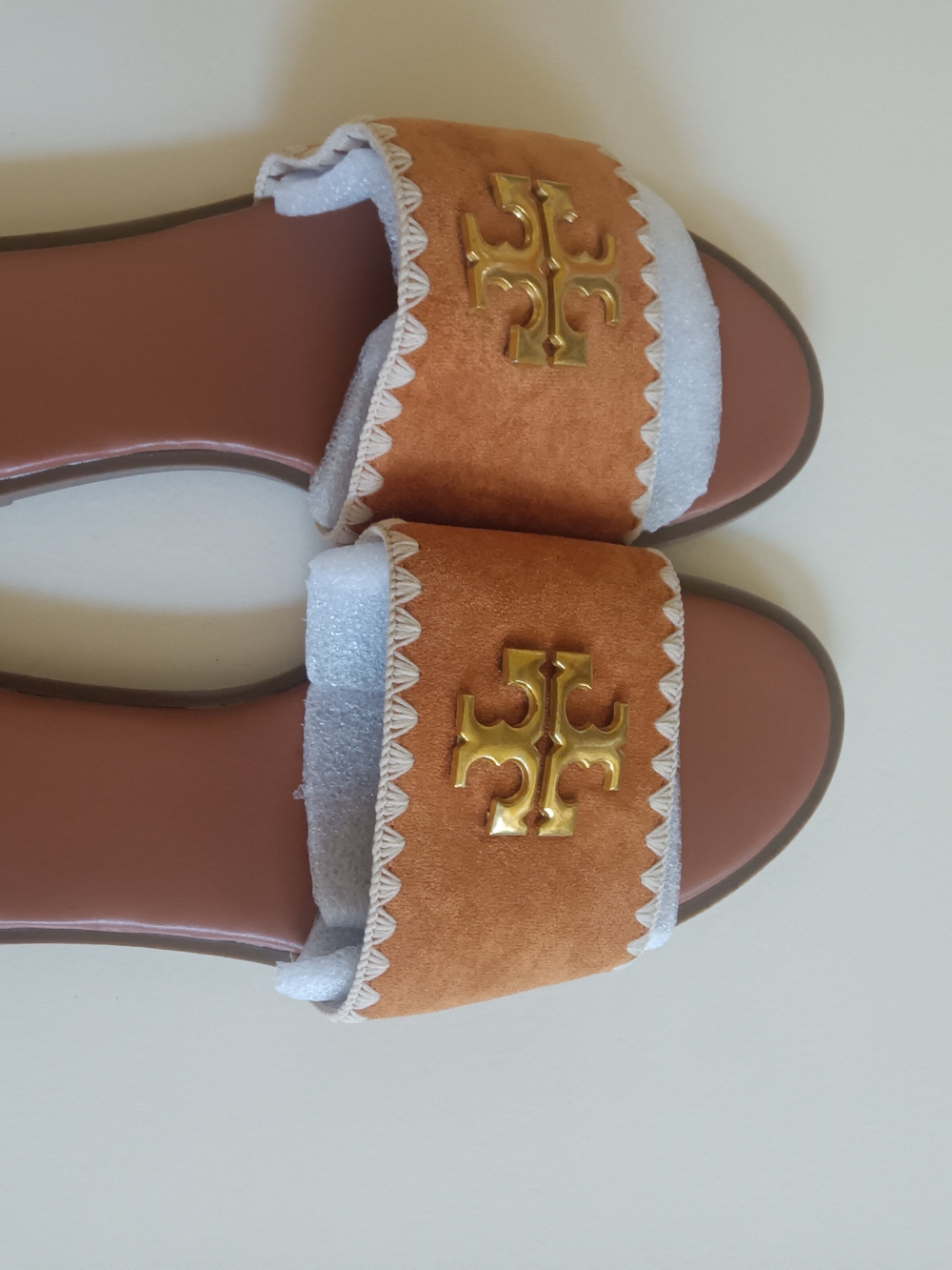 Tory Burch Tan Suede Slide Sandals with Gold Logo